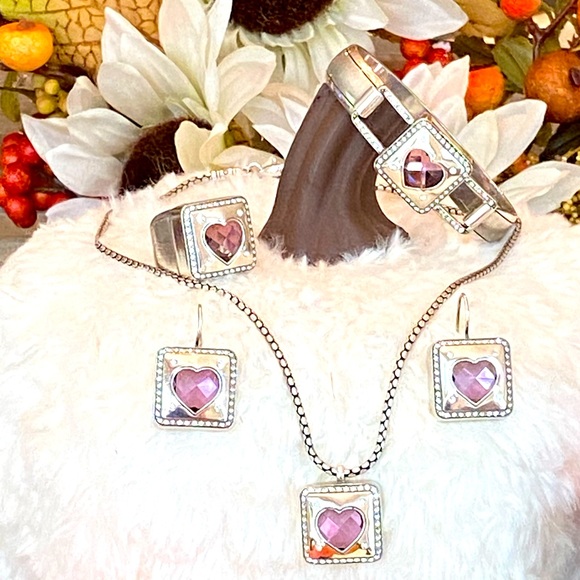 Brighton OPEN HEARTED Pink Crystal Heart Necklace Bracelet Earrings & Ring set - Picture 1 of 16
